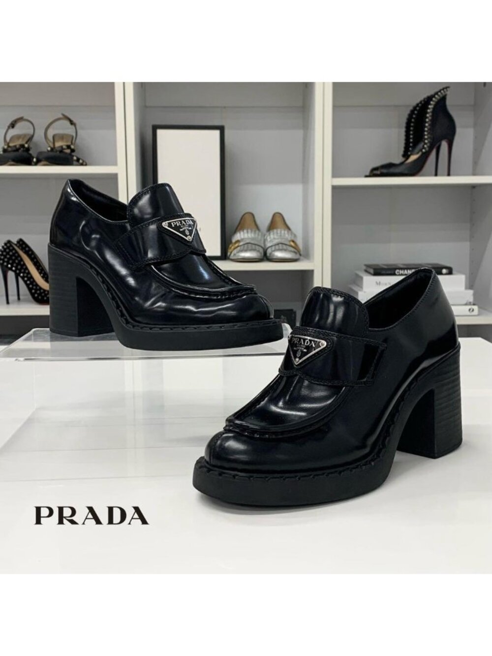 Prada Chocolate Triangle Logo Leather Heels Loafers Black